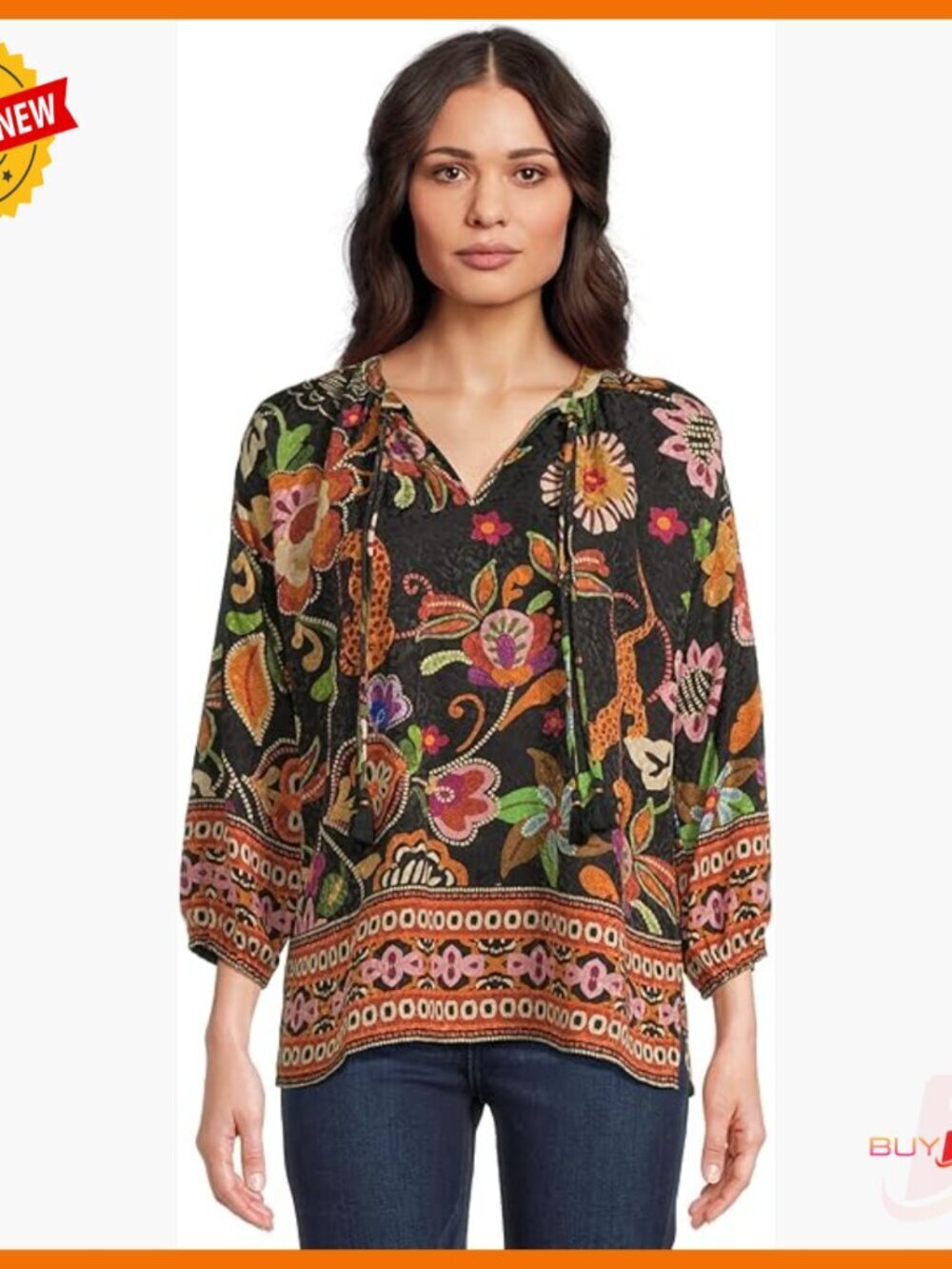 Relaxed Fit 3/4 Sleeve Blouse with Embroidered Hem Floral Pattern